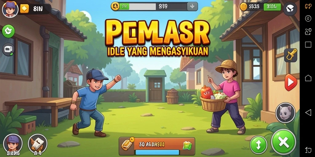 Screenshot gameplay 8ID menampilkan karakter mengumpulkan sumber daya secara otomatis.