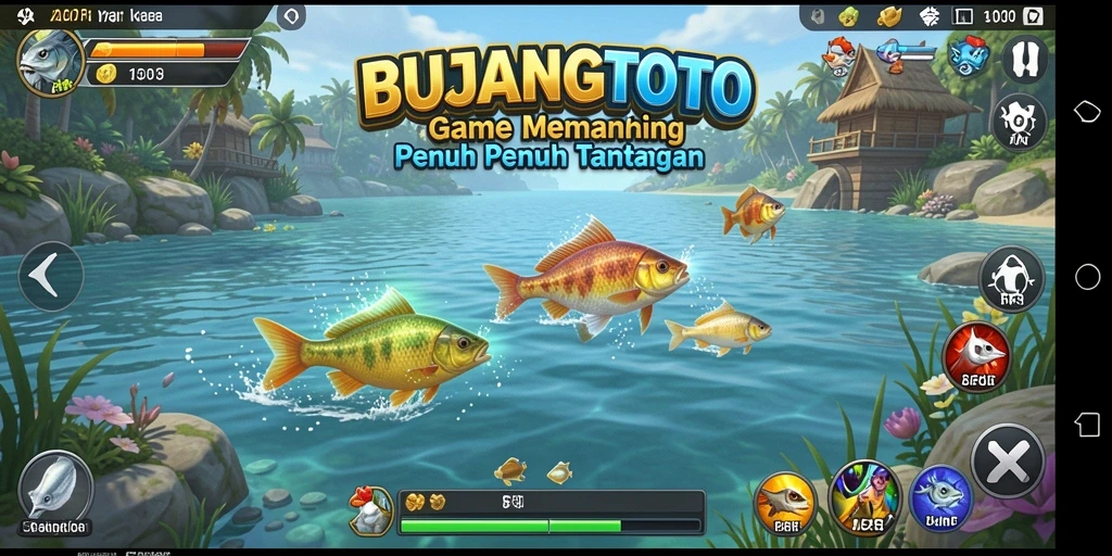 Tampilan gameplay BUJANGTOTO saat menangkap ikan di danau yang tenang.