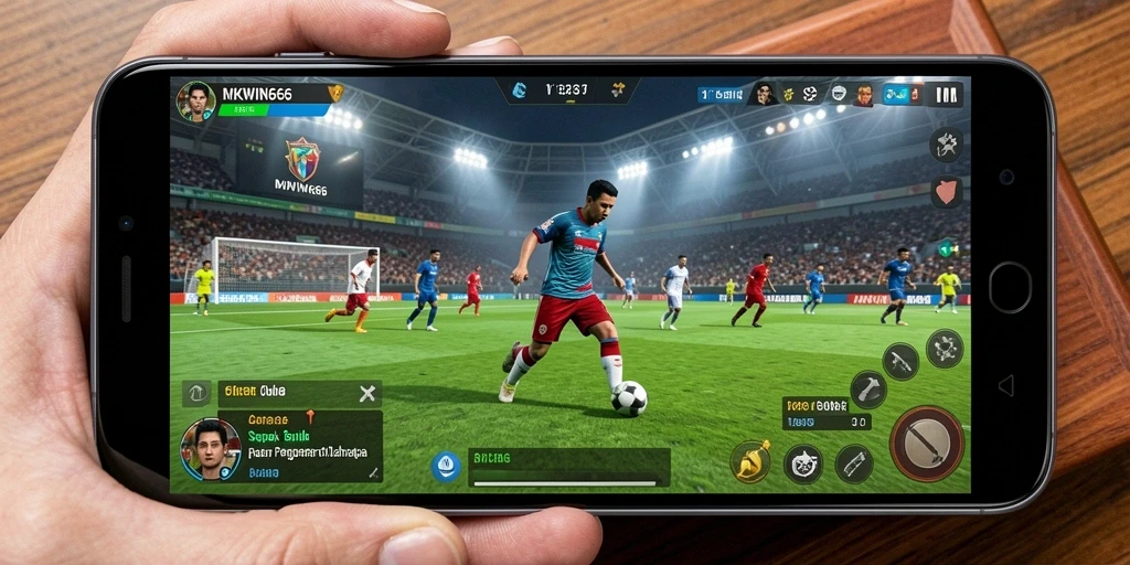 Screenshot gameplay MKWIN666 menampilkan aksi seru di lapangan sepak bola.